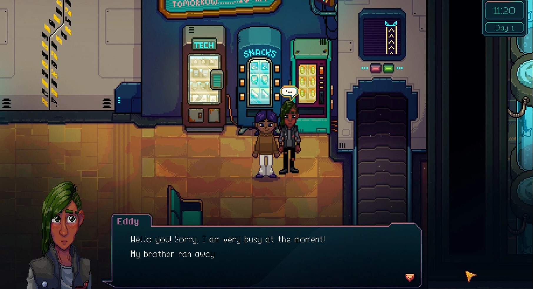 The Lost Hotel: Talking with Eddy by snack and tech vending machines in a tiled hallway UI dialogue box.