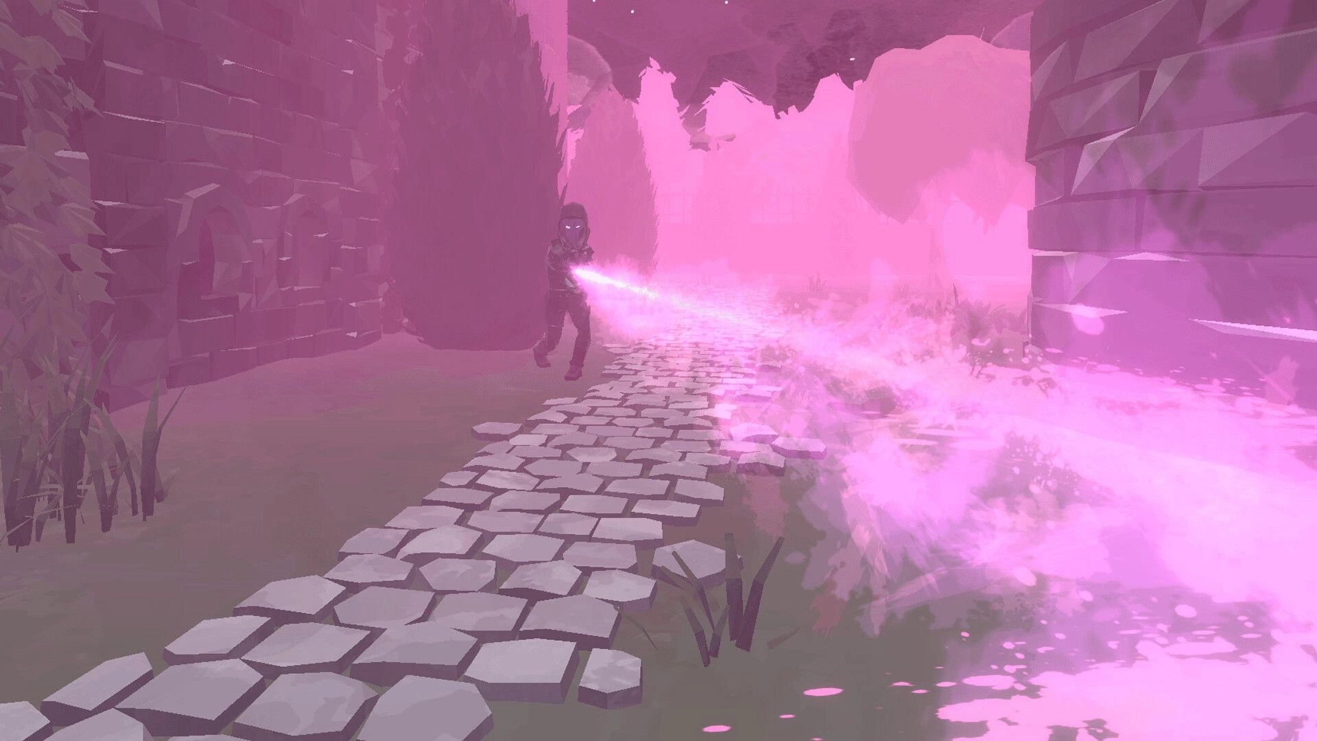 The Magic Between: Hooded mage fires a pink energy beam down a ruined stone path at dusk.