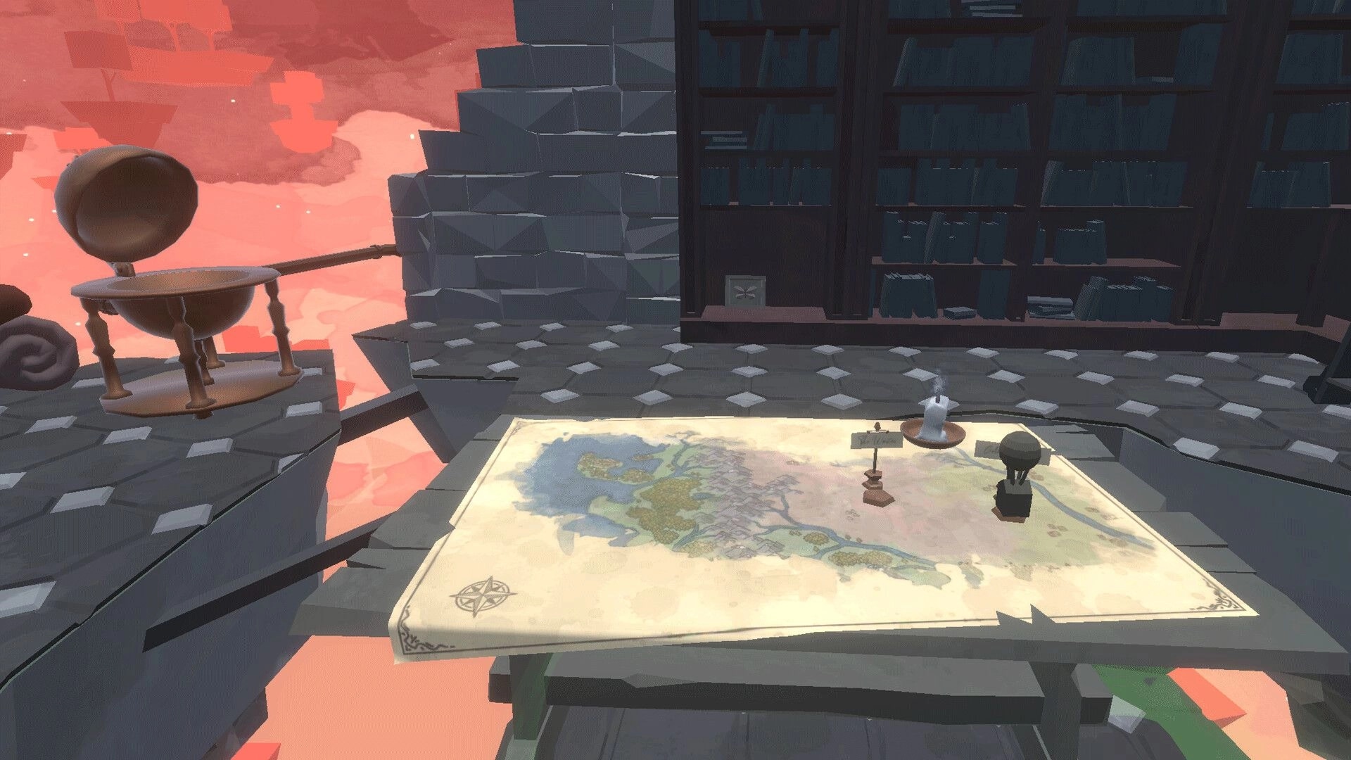 The Magic Between: Map table with markers and candle inside a stone library with shelves and pink sky.