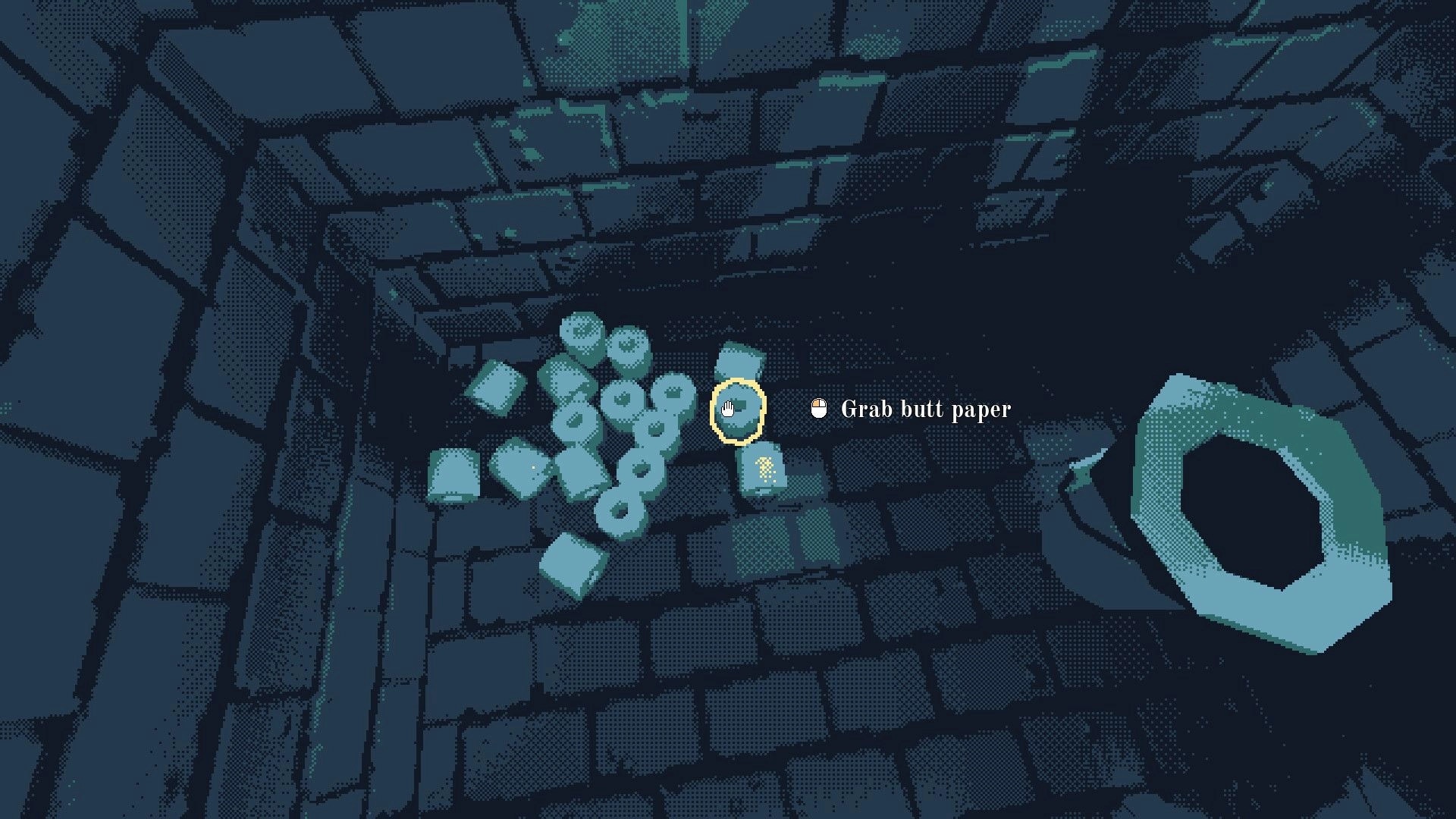 The Mailroom: Player collecting toilet paper rolls in a dark, stone-walled room with a task prompt visible.