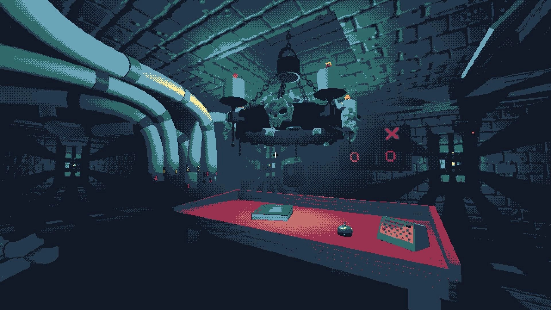 The Mailroom: Eerie mailroom with red table, skull chandelier, and mysterious pipes in a dimly lit office.