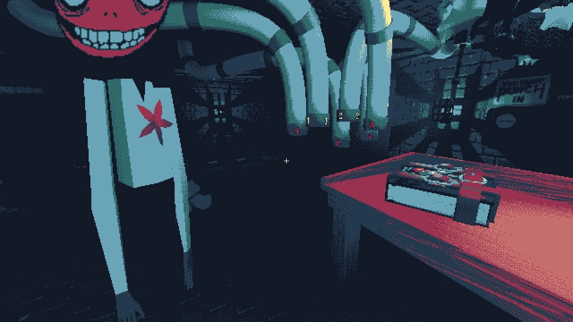The Mailroom: Creepy red-faced figure stands near a table with a package in a dimly lit pipe-filled room.