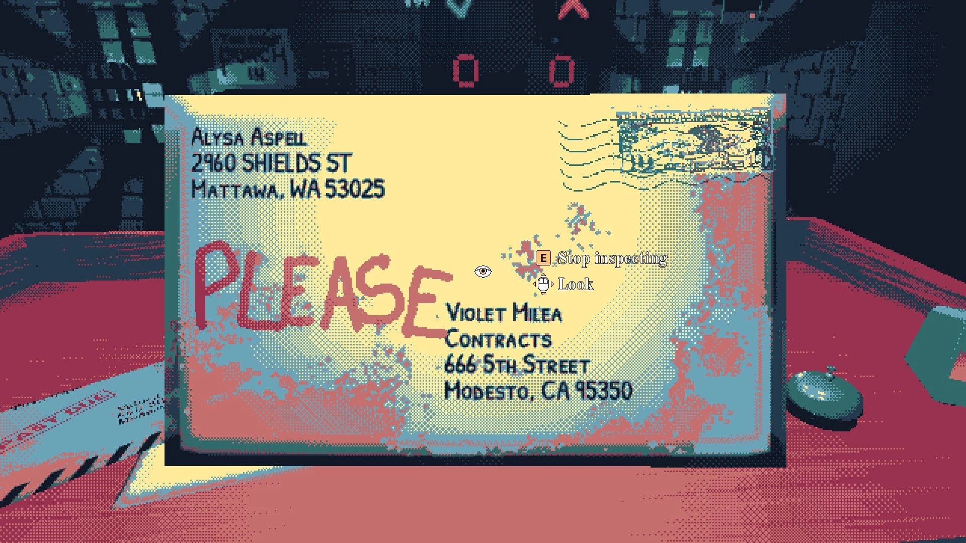 The Mailroom: Inspecting a letter addressed to Violet Miea with "PLEASE" written in red on a desk.