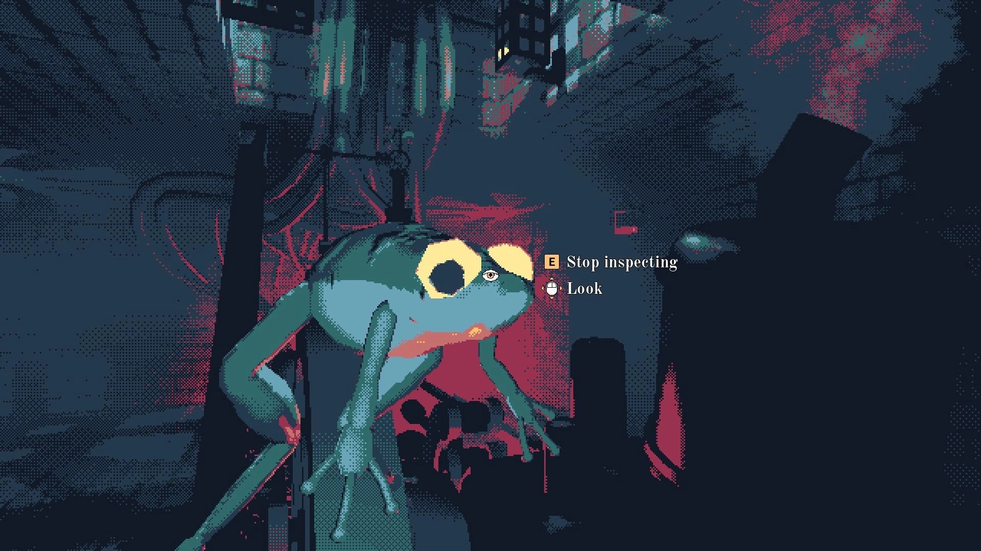The Mailroom: Inspecting a large frog in a dimly lit mailroom with eerie red and blue lighting effects.