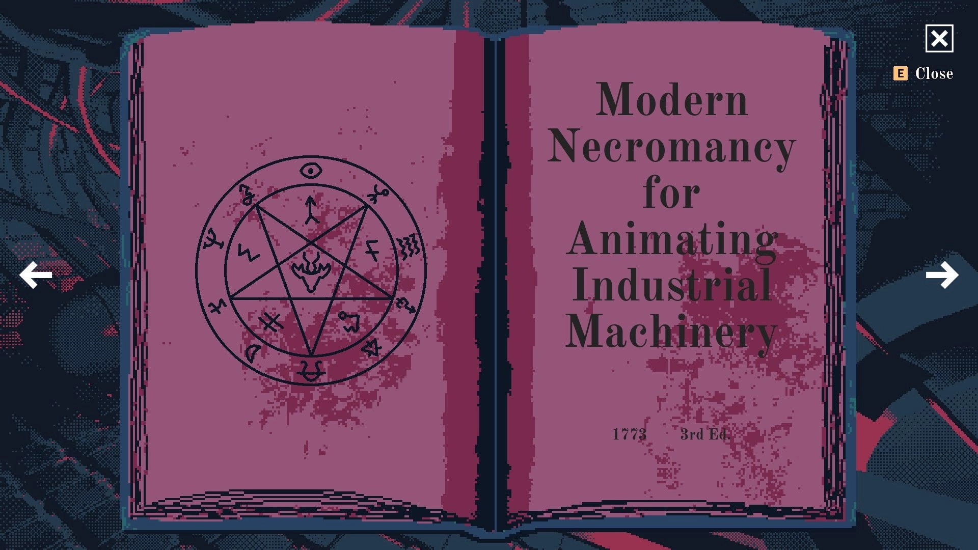 The Mailroom: Open book titled "Modern Necromancy" with magical symbols in a dark, eerie office setting.