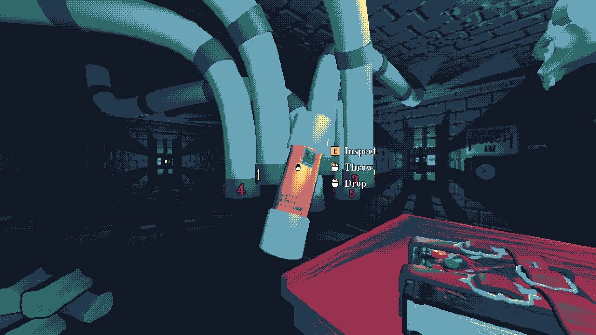 The Mailroom: Interacting with pneumatic tubes in a dimly lit mailroom with inspect, throw, drop options.