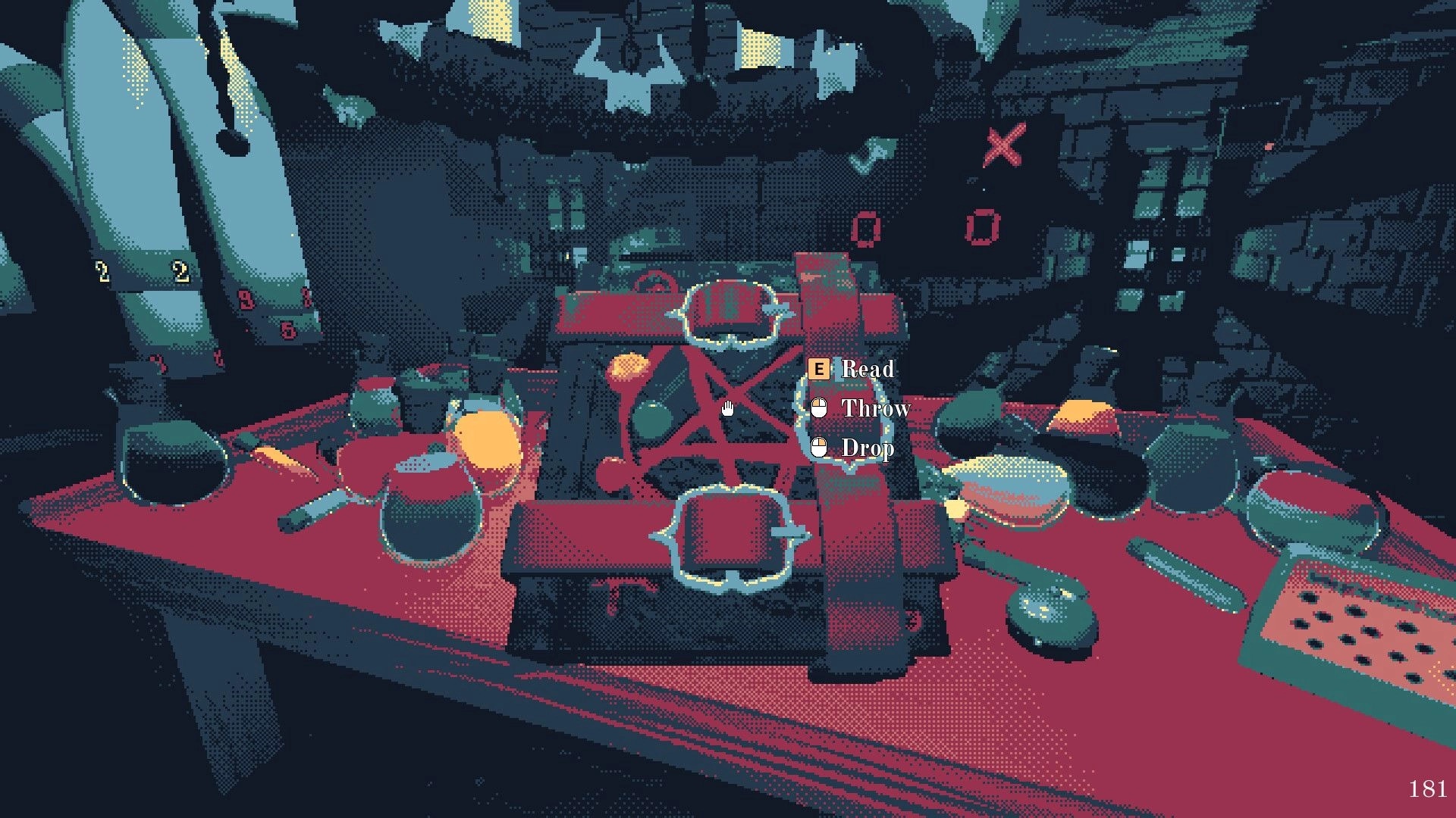 The Mailroom: Potion bottles and a pentagram-marked book on a red table in a dimly lit crypt-like room.