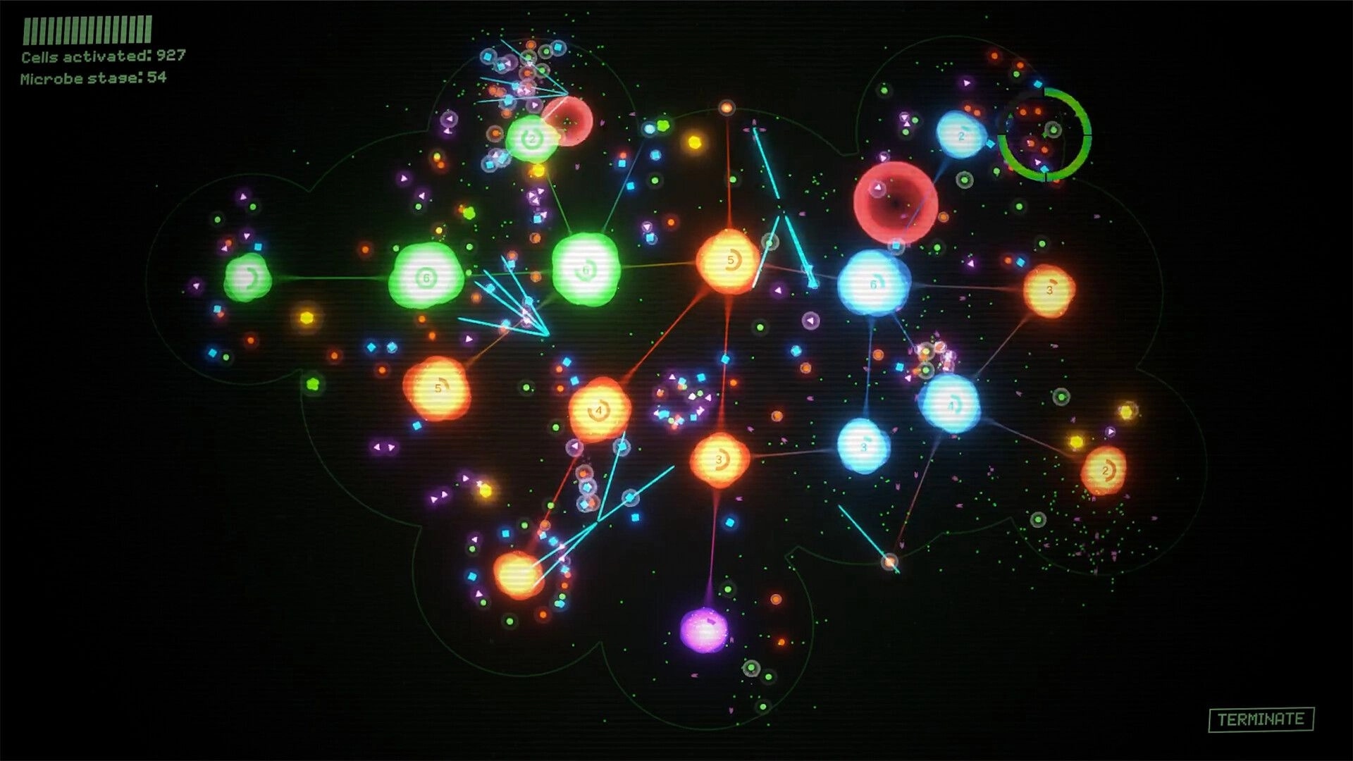 The Margot Collapse: Network of colored microbe nodes linked by lines on dark lab interface HUD.