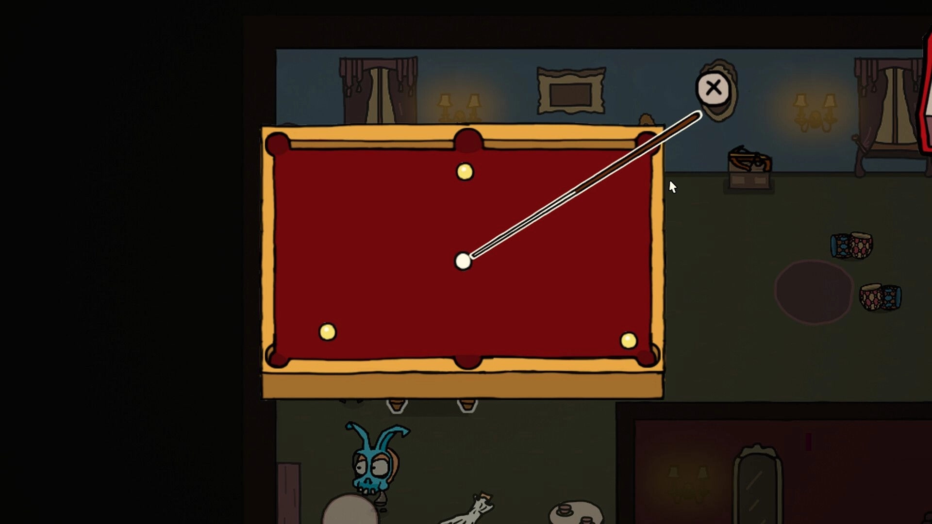 The Masquerade: Billiards table with cue aiming in dimly lit room, character with blue mask nearby