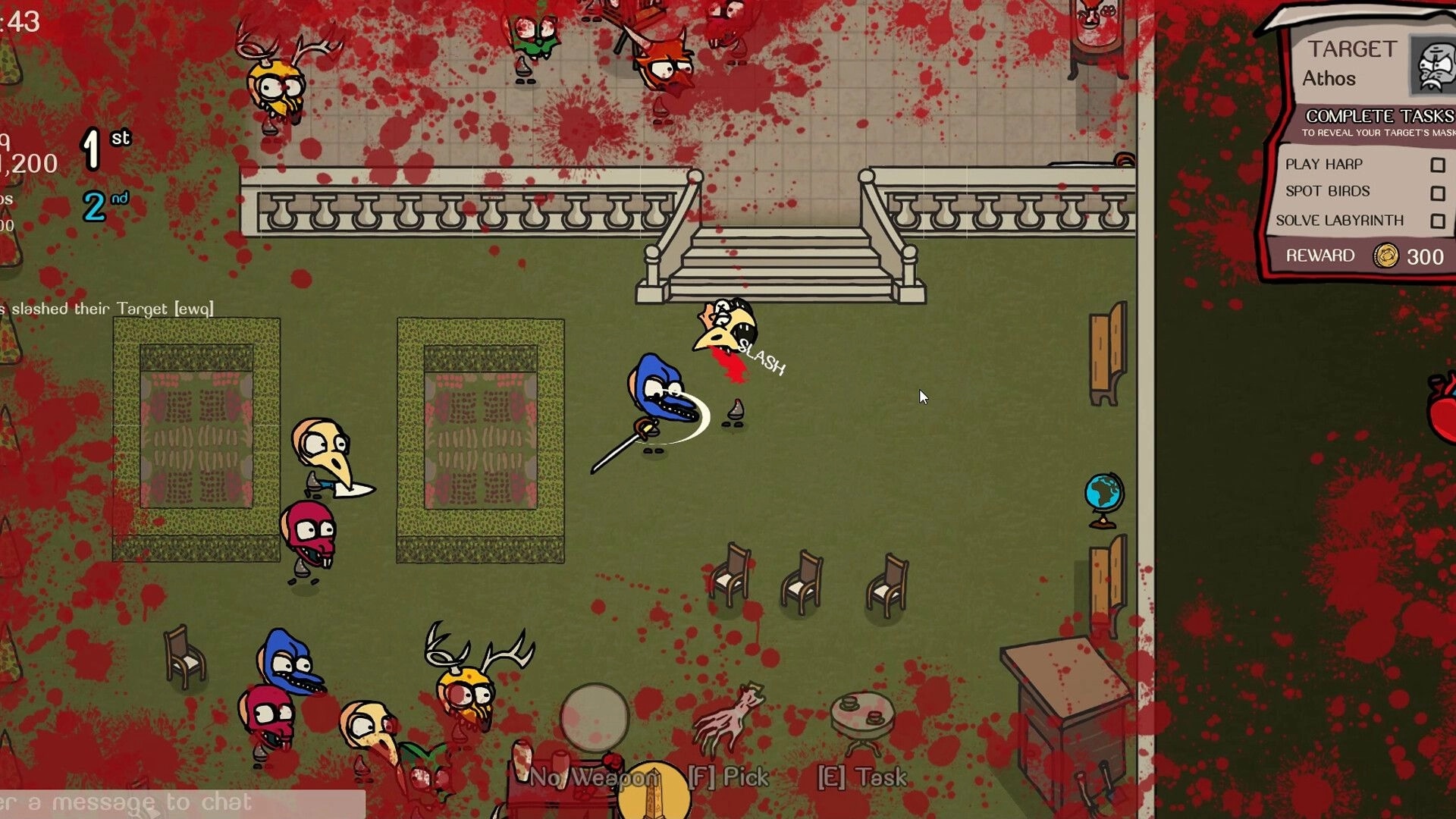 The Masquerade: Top-down view of a chaotic party with characters, blood splatters, and a target list.