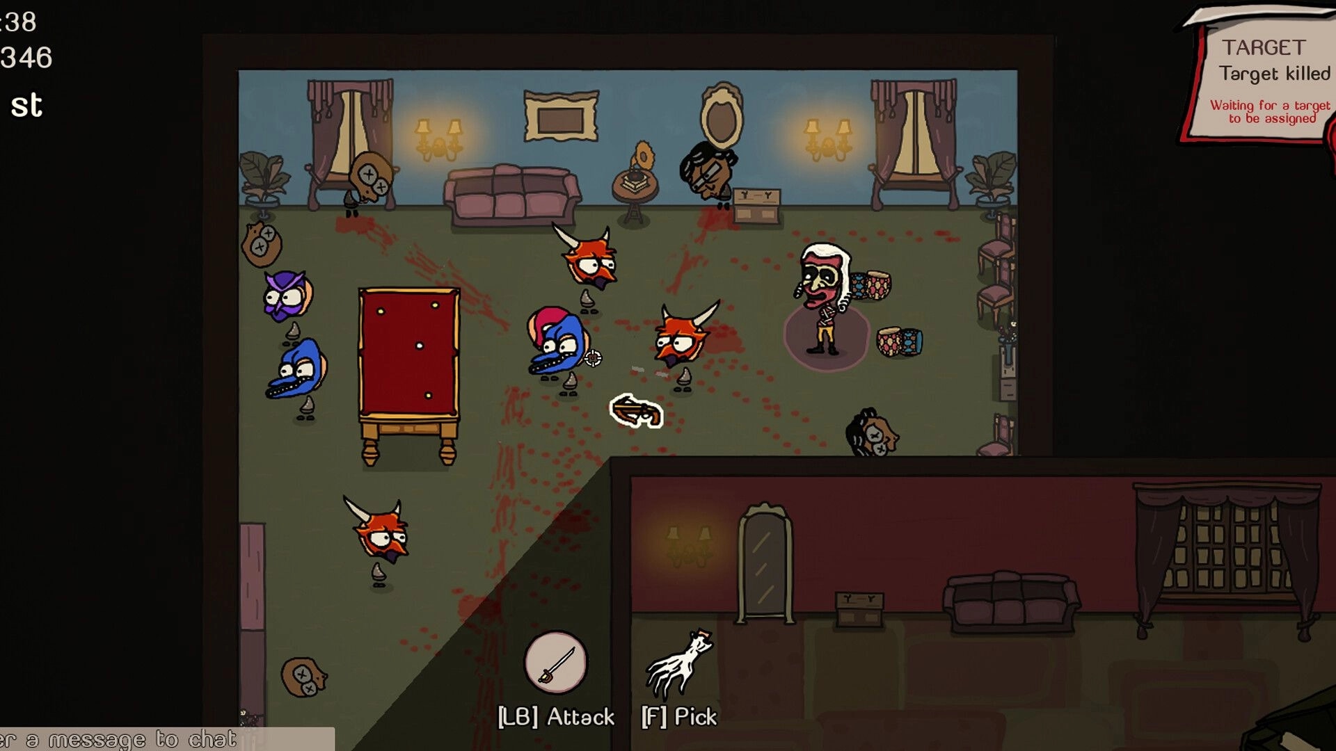 The Masquerade: Multiple characters in a blood-stained room with UI showing target status and controls.