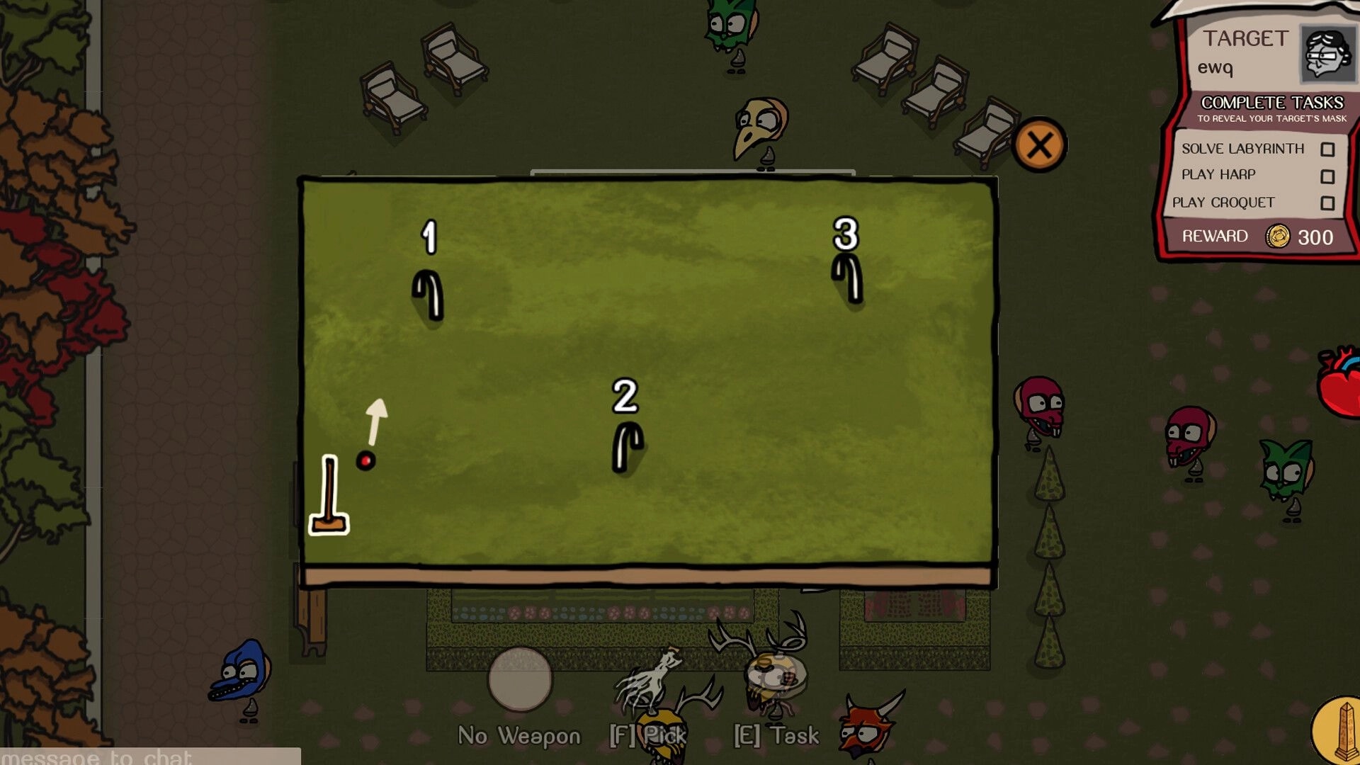 The Masquerade: Croquet mini-game interface with task list and character avatars in a garden setting