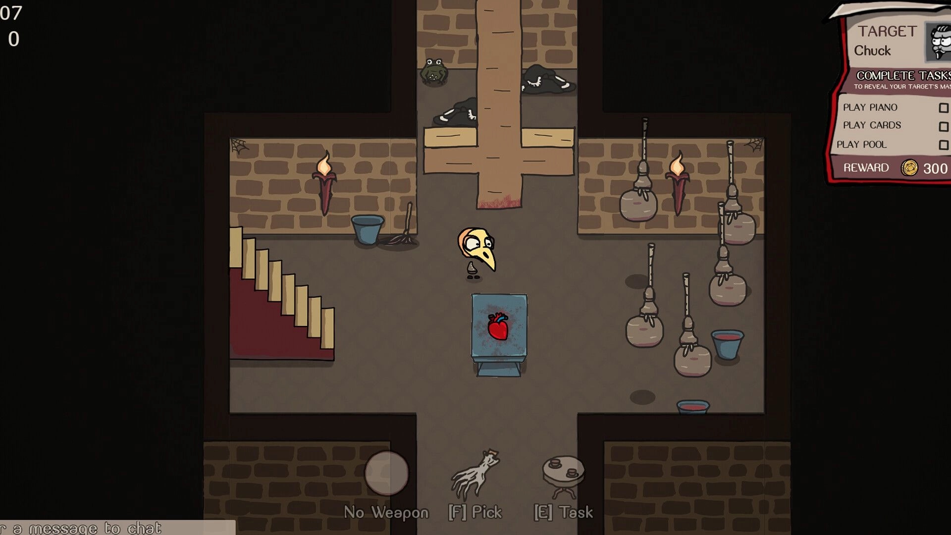 The Masquerade: Character in plague mask explores dimly lit basement with task list and target details displayed