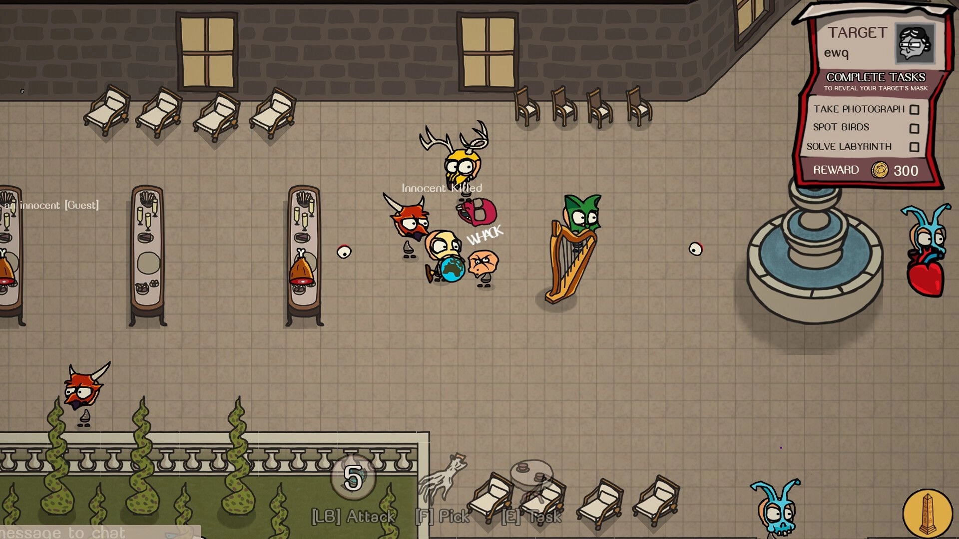 The Masquerade: Characters in a courtyard, with task list and a fountain visible on the right side.