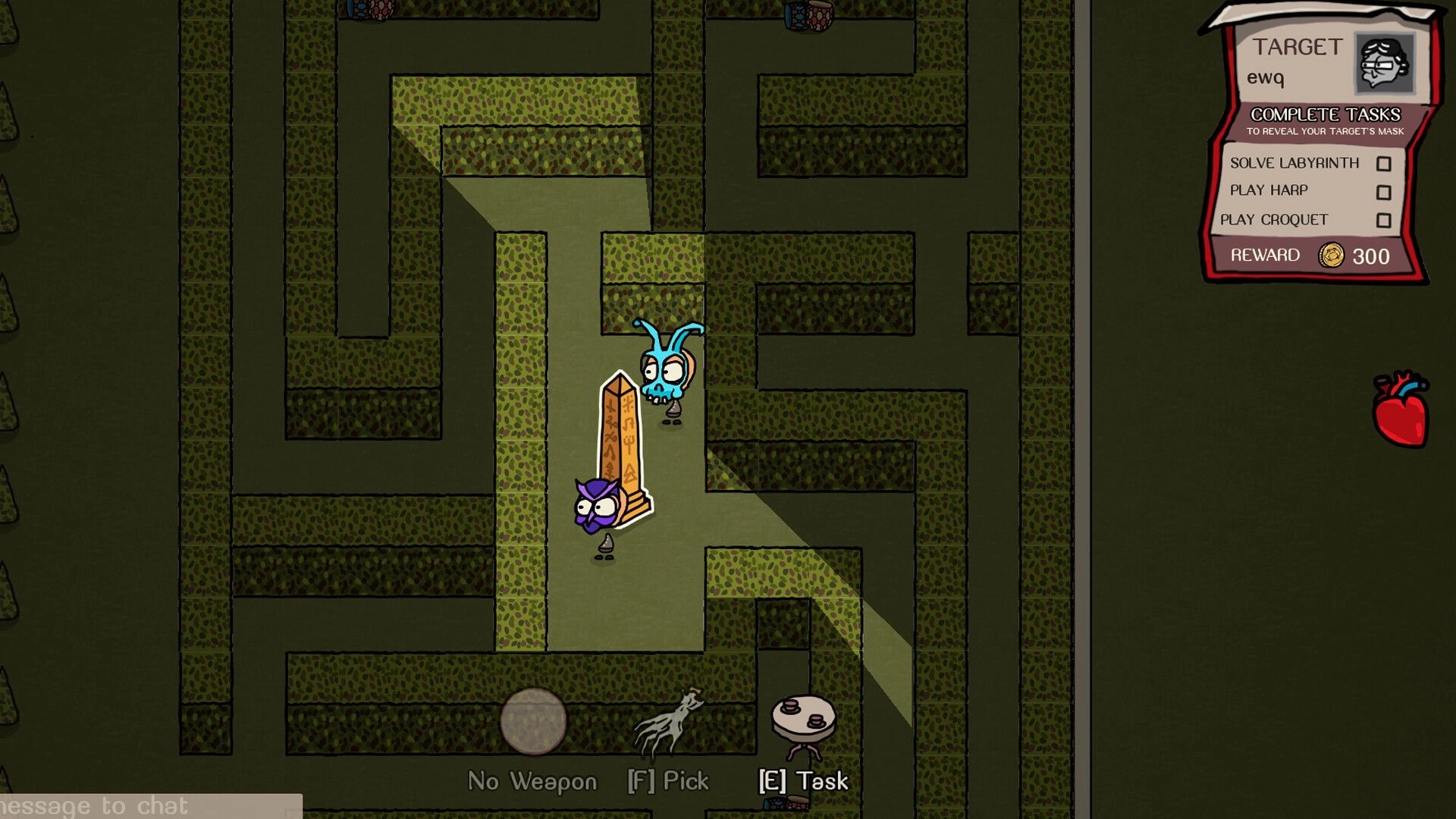 The Masquerade: Two characters in a maze with task list and target details on the right side of screen.
