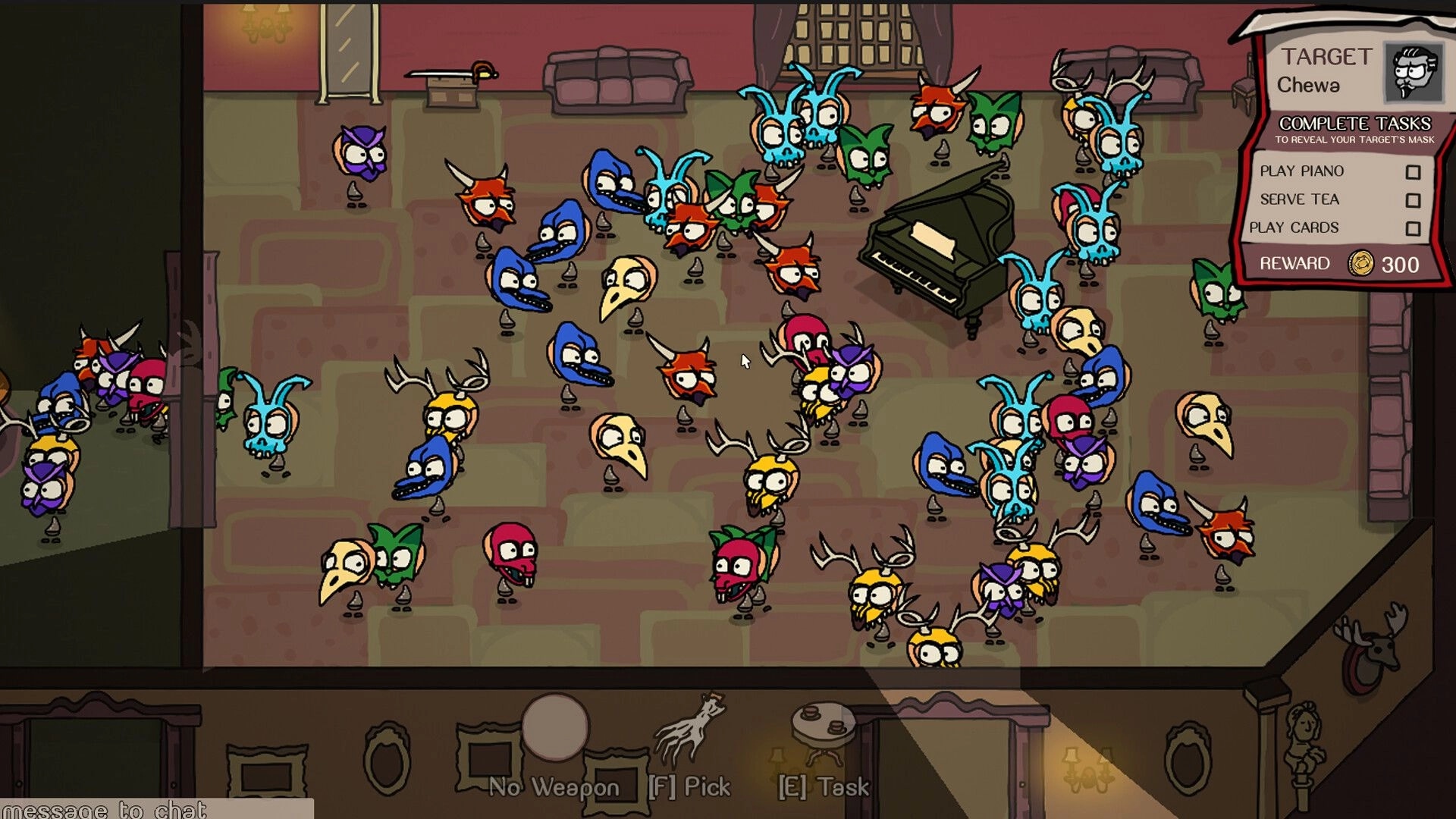 The Masquerade: Characters in colorful masks gather in a room with a piano and task list on the right.