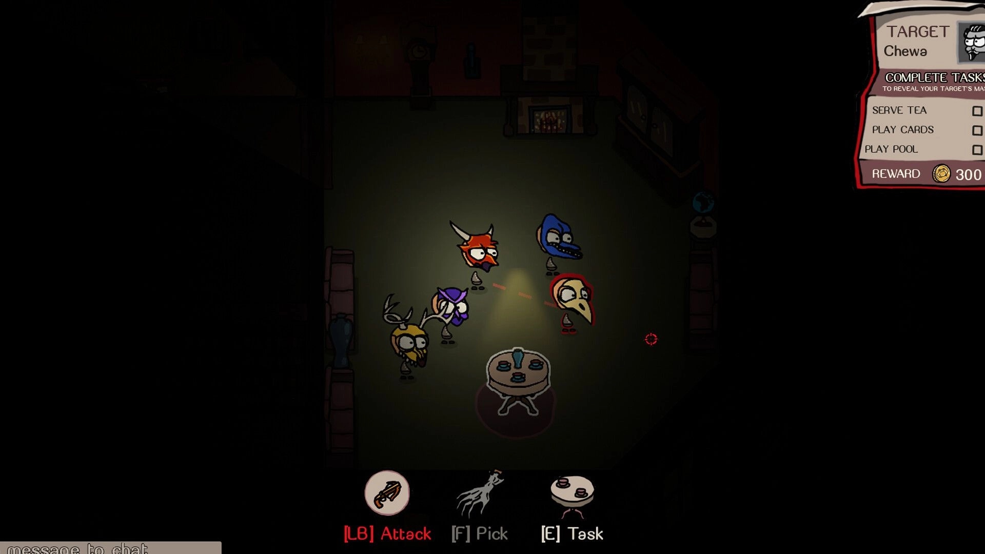 The Masquerade: Five masked characters in dimly lit room with task list and action icons displayed