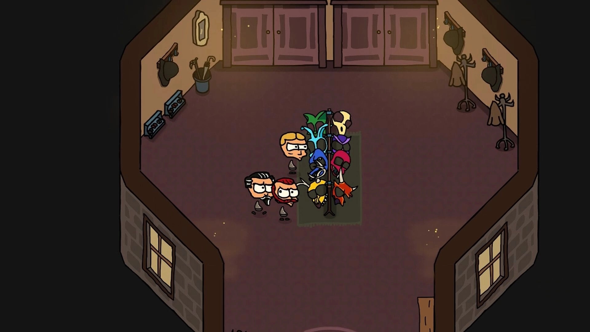 The Masquerade: Characters selecting disguises in a dimly lit room with hats and masks on display