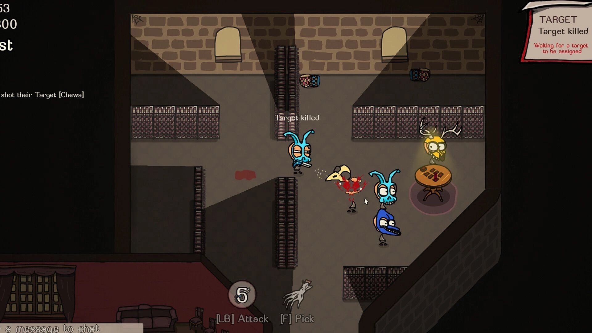 The Masquerade: Two characters in a dim room with "Target killed" message and action buttons visible.