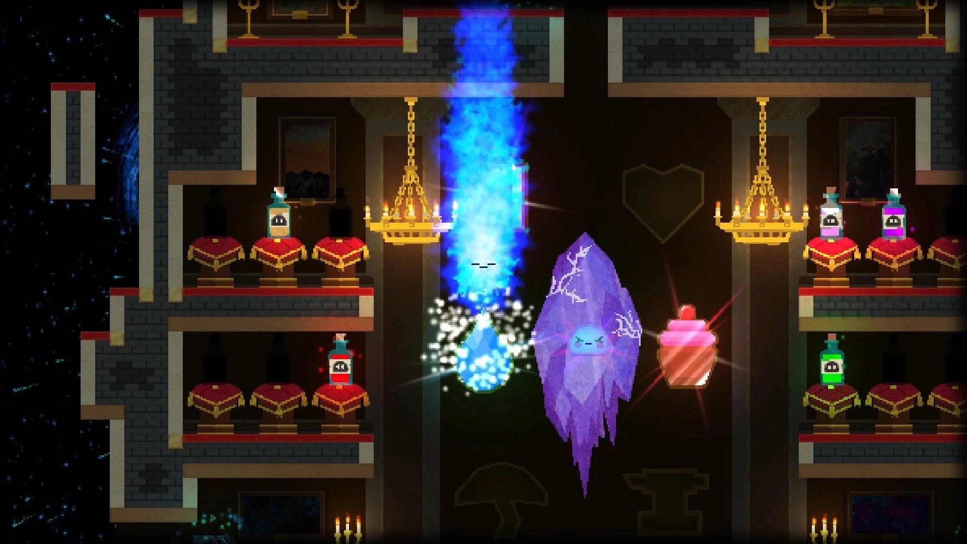 The Melty Way: Slime dodges a blue flame column beside a purple crystal in a chandelier hall room