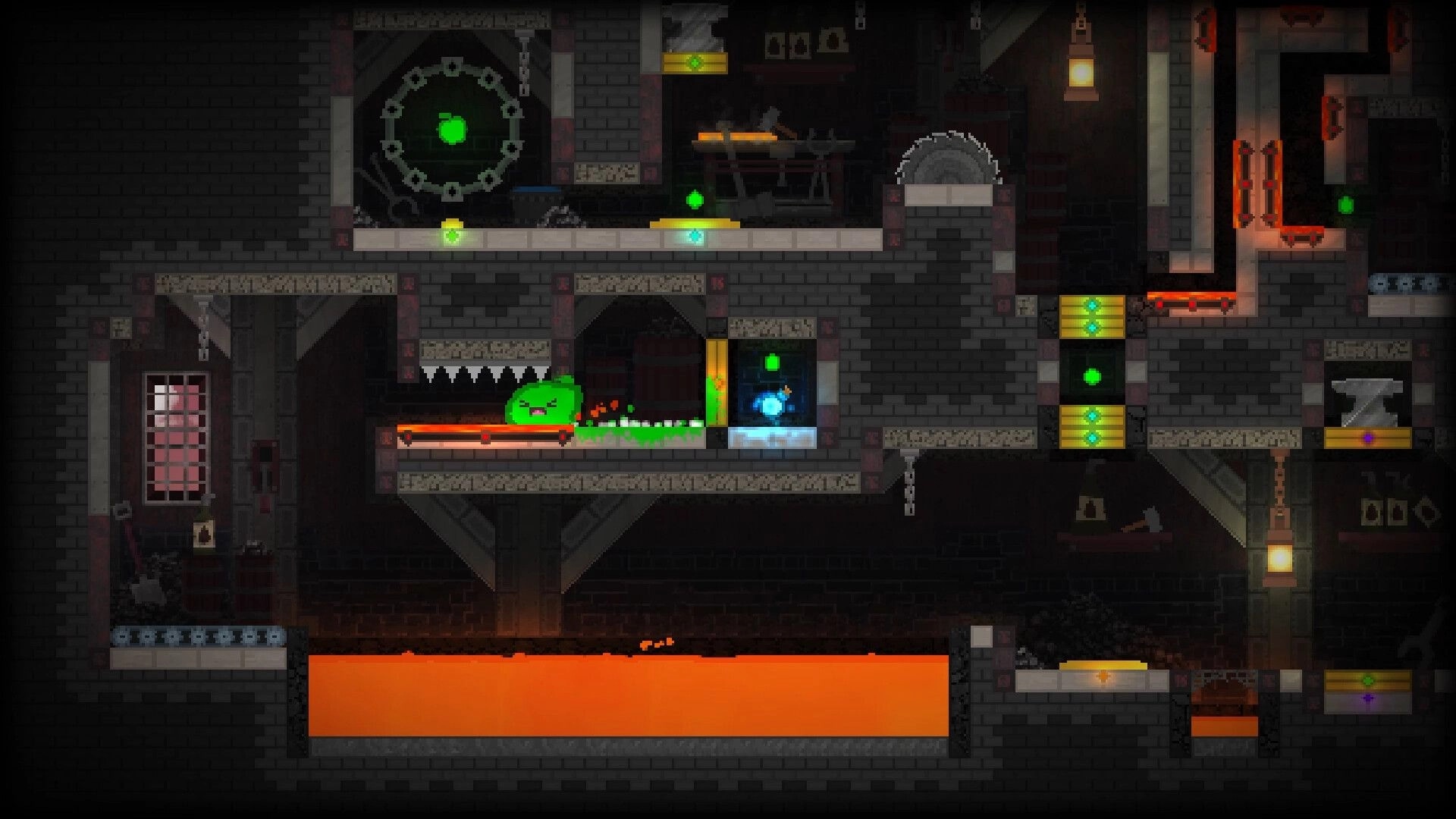 The Melty Way: Green slime sliding past spikes and lava toward a blue orb in dark factory rooms