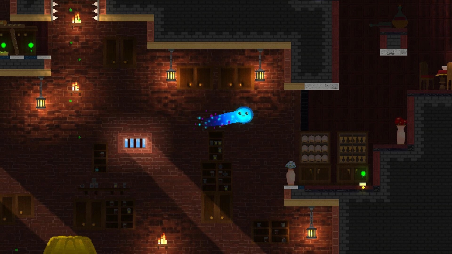 The Melty Way: Blue slime dashes midair past spikes and lanterns inside a brick-and-shelf dungeon room