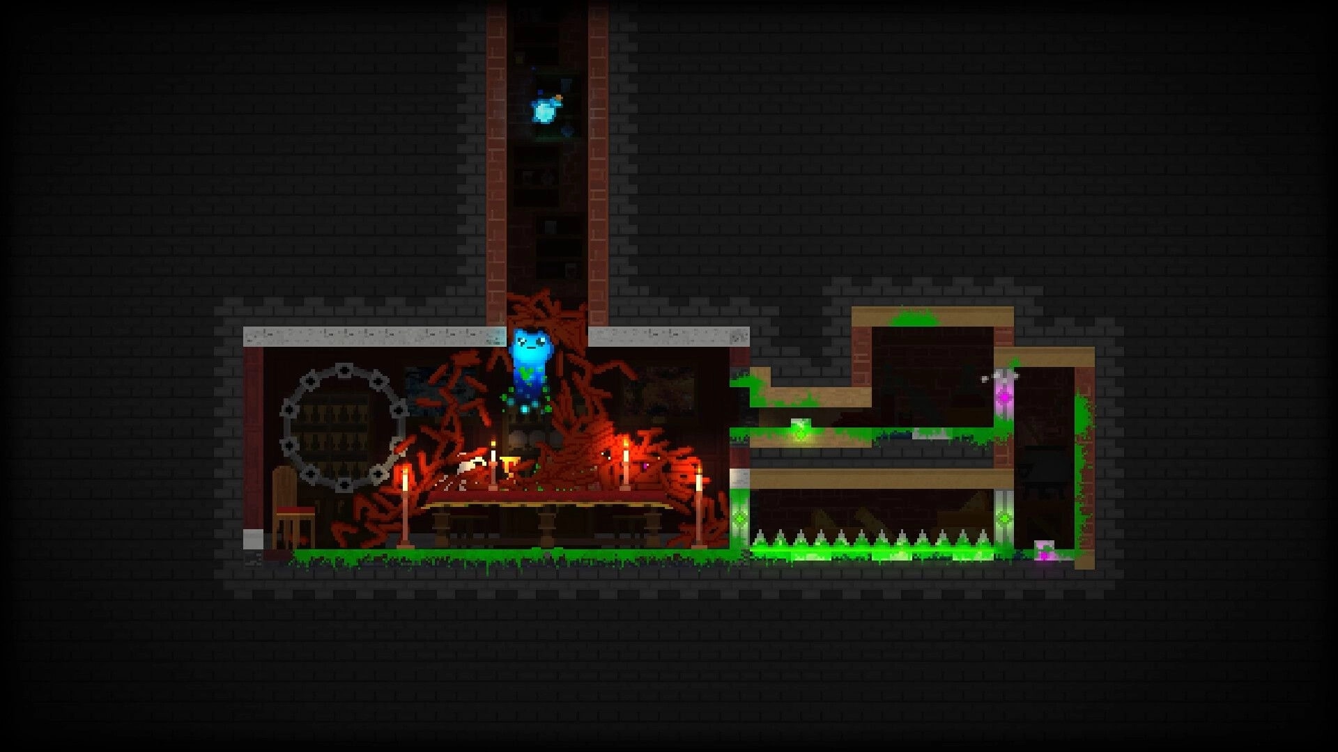 The Melty Way: Blue slime character clings to red vines above spikes in a dark brick dungeon room
