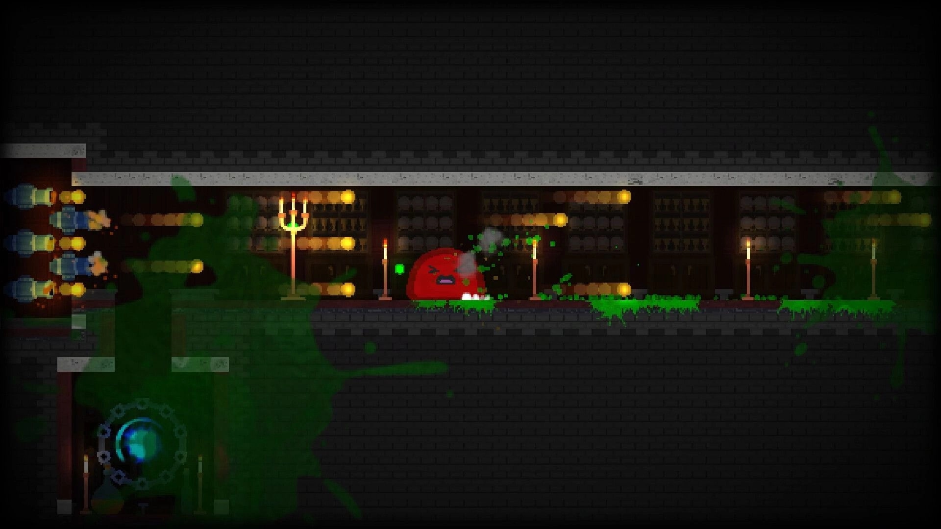 The Melty Way: Red slime dodges glowing projectiles in a candlelit library corridor with green goo
