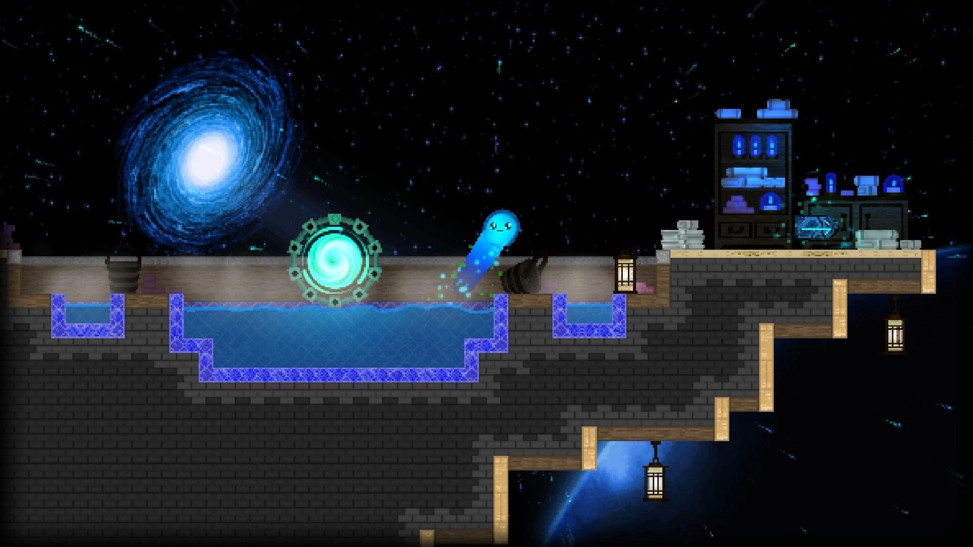 The Melty Way: Blue slime leaps over a water pit beside a glowing portal in a space lab room