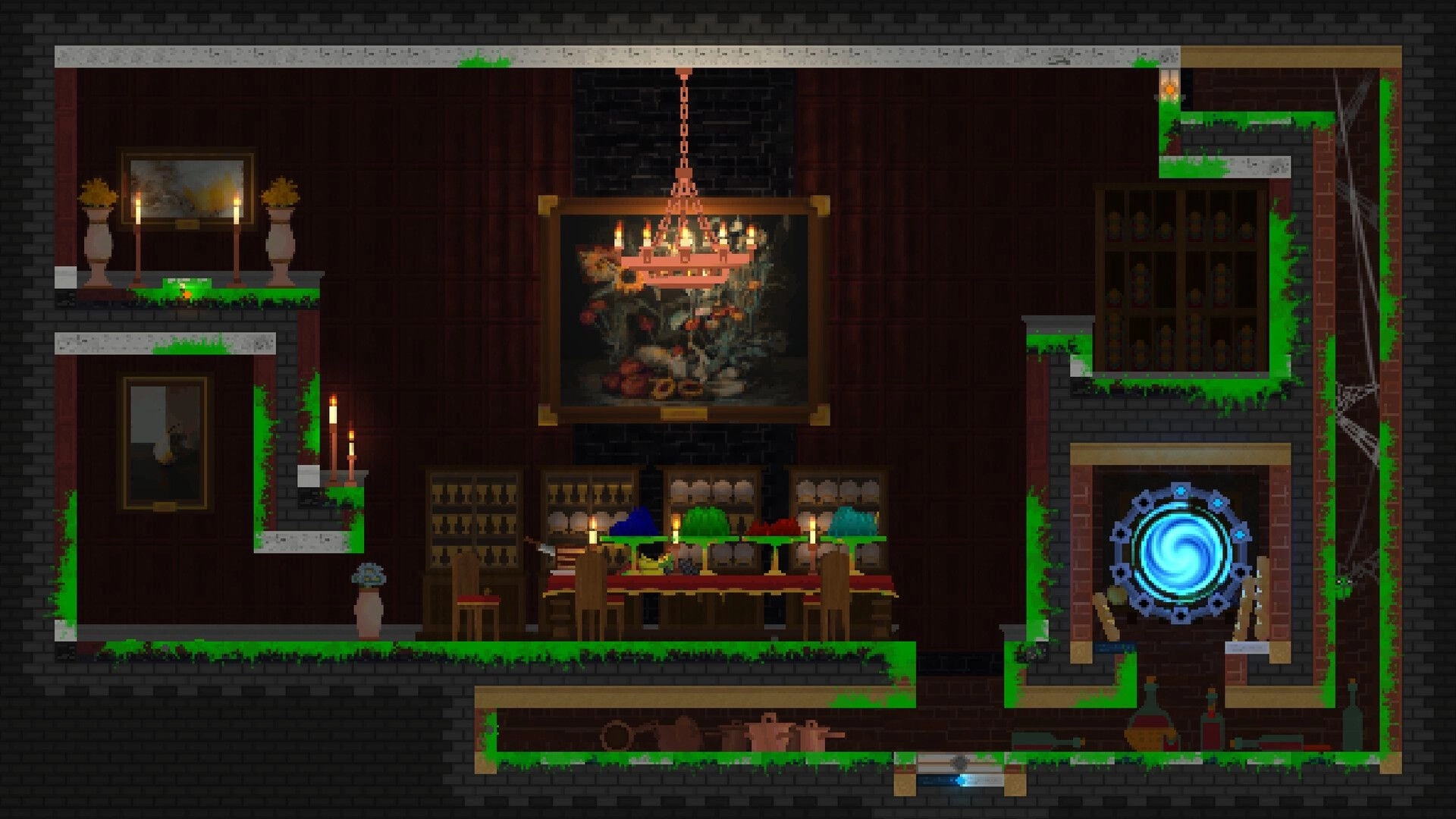 The Melty Way: Colored slime blobs on a banquet table in a candlelit manor with portal door