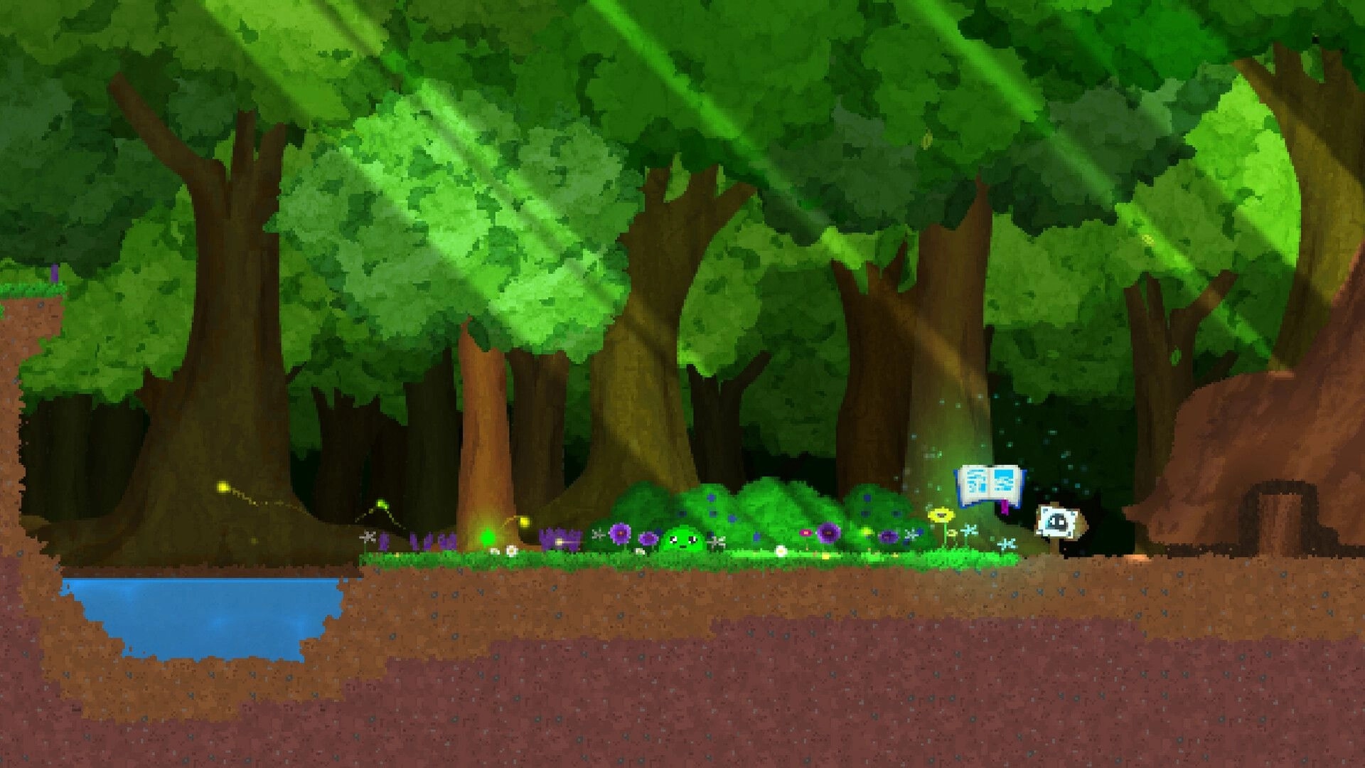 The Melty Way: Green slime rests by a glowing signpost and icon marker in a sunlit forest clearing