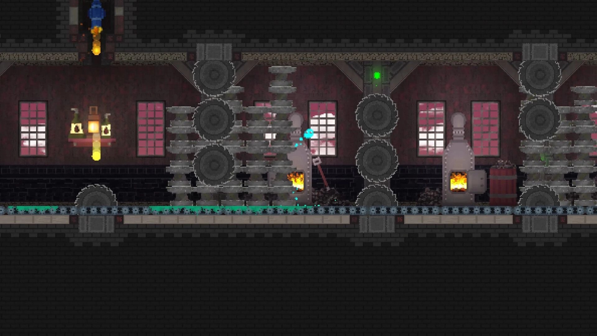 The Melty Way: Blue slime dodges spinning saw stacks in a dark factory hall with furnaces and windows