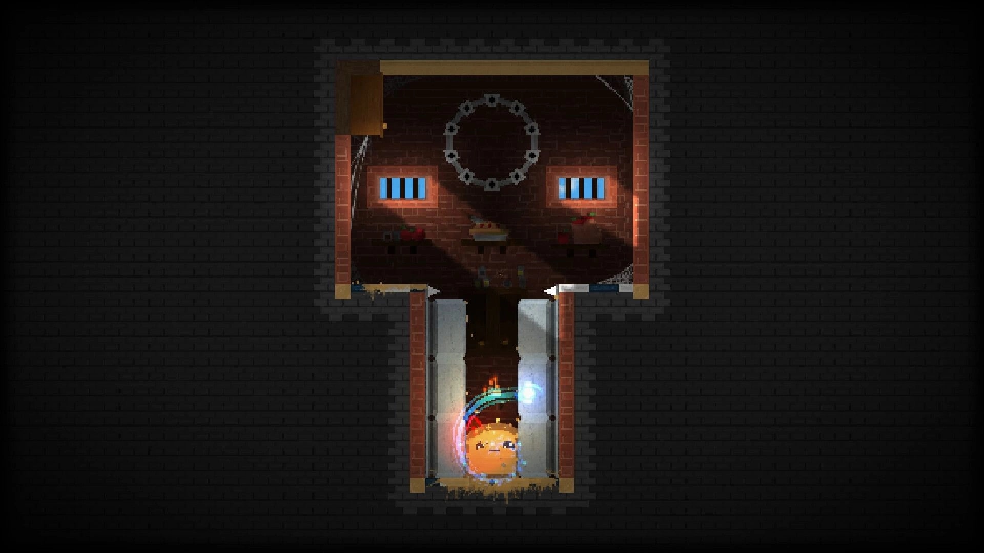The Melty Way: Orange slime character trapped in narrow shaft beneath a brick room with barred windows