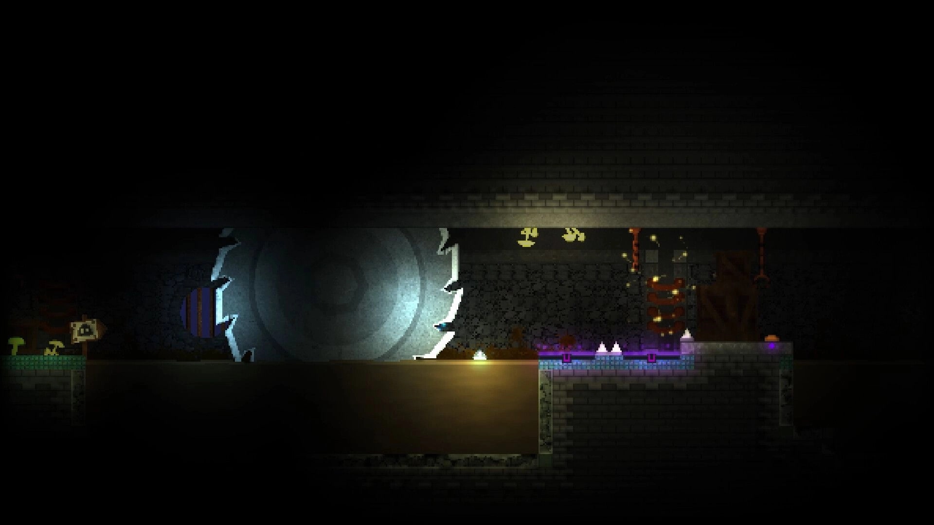 The Melty Way: Slime crosses a dark tunnel past a giant saw and spikes in brick dungeon corridor