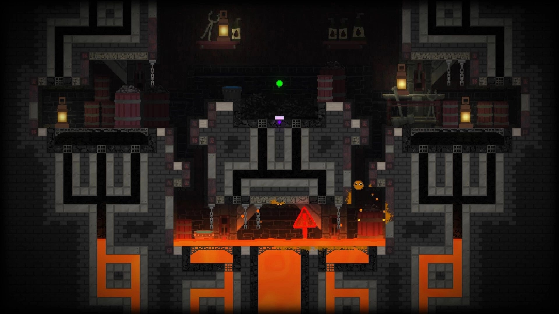 The Melty Way: Orange slime leaps past lava and spikes toward a red arrow in a brick dungeon room
