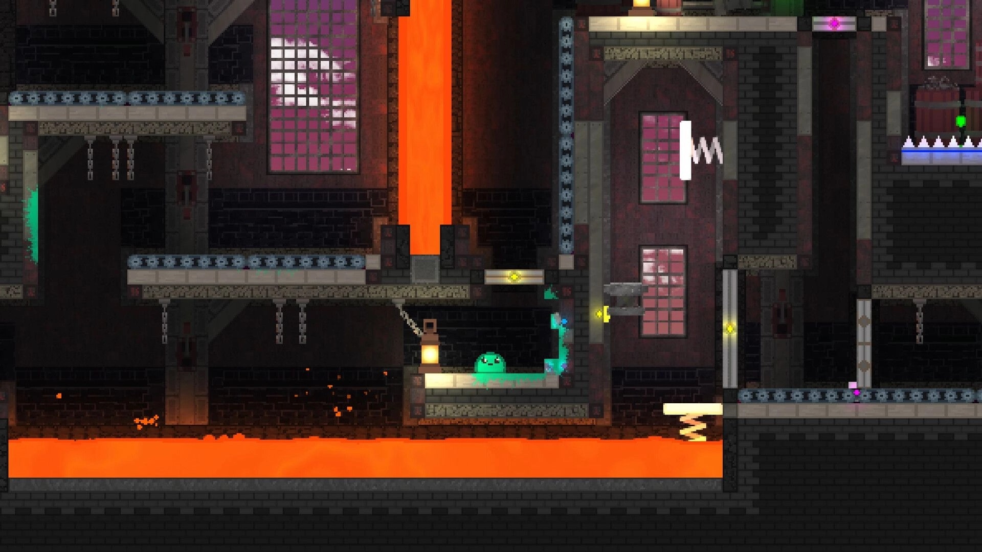 The Melty Way: Green slime on a ledge near lava, spikes and moving platforms in a dark factory level