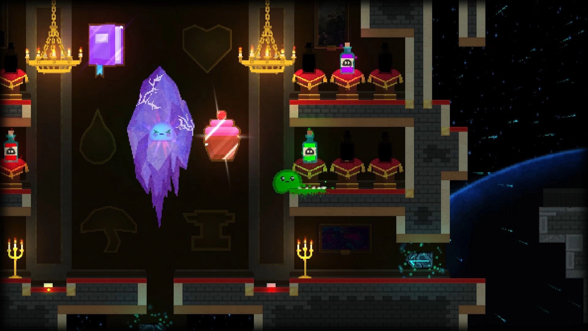 The Melty Way: green slime slides past potion bottles and candles in a castle room by space window