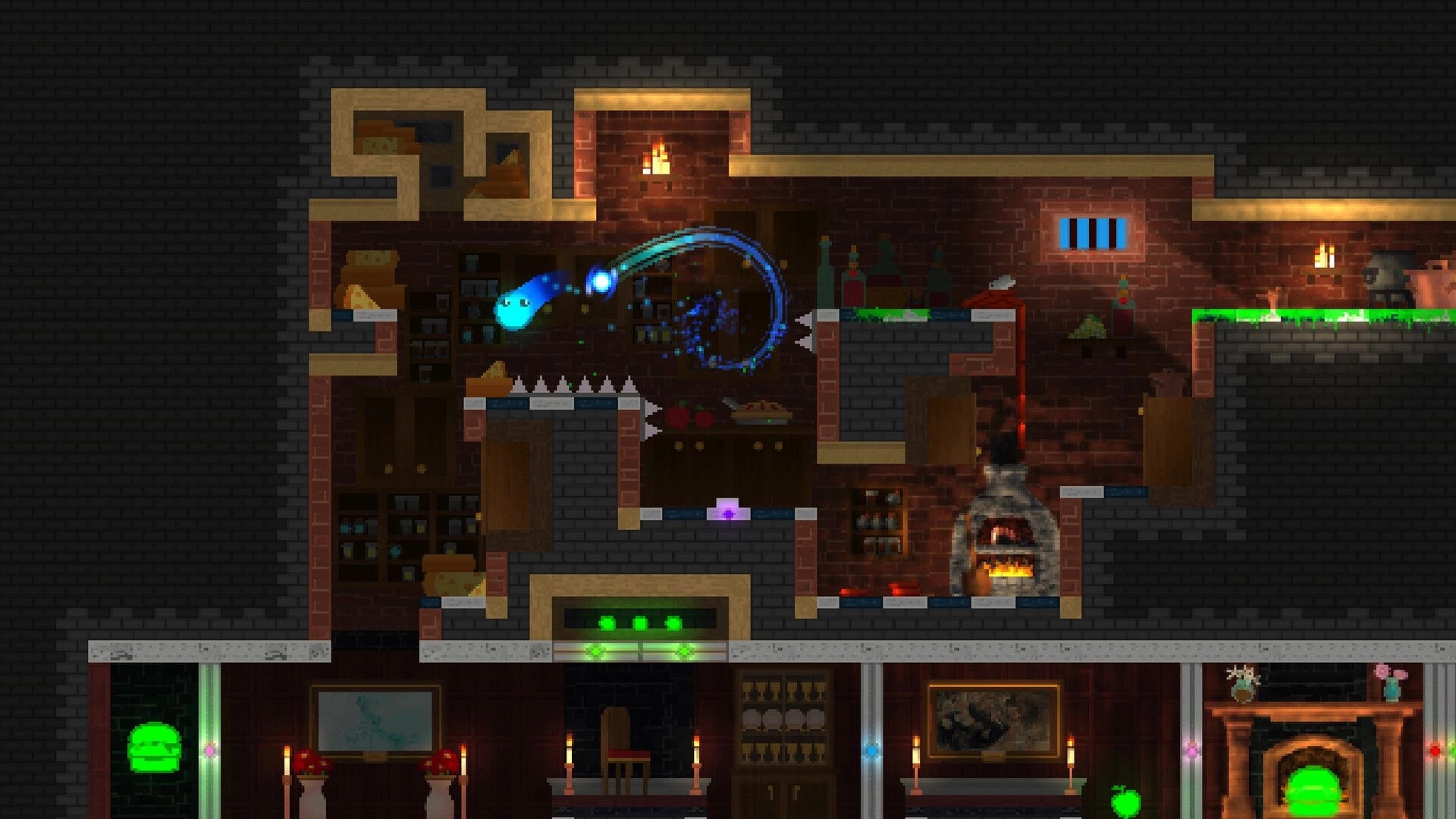 The Melty Way: Blue slime arcs through spikes and gaps inside a brick lab with bottles, furnaces, slime vats