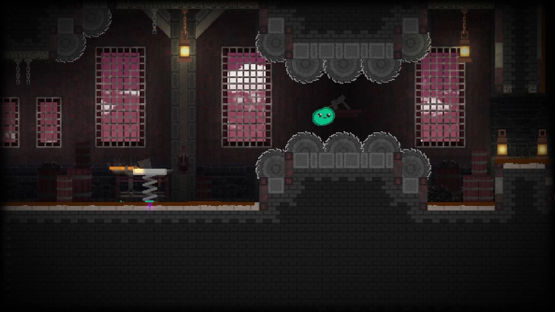 The Melty Way: Green slime hops between spinning saw platforms in a dark brick factory with lanterns