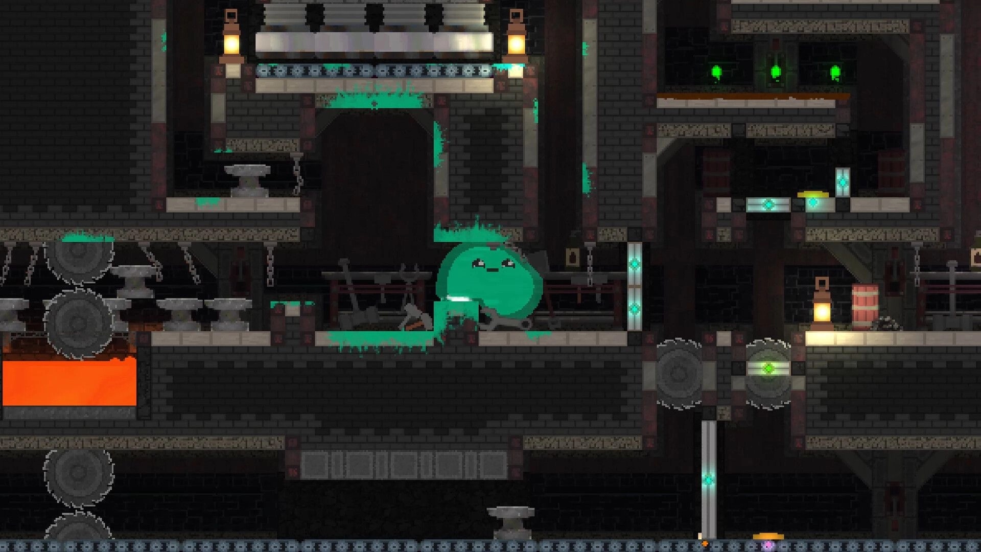 The Melty Way: Green slime slides through saw blades and lava in a dark brick dungeon with lamps