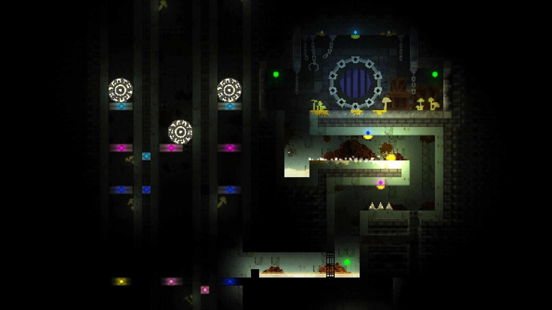 The Melty Way: Yellow slime navigates spikes and glowing orbs in a dark sewer chamber with gears