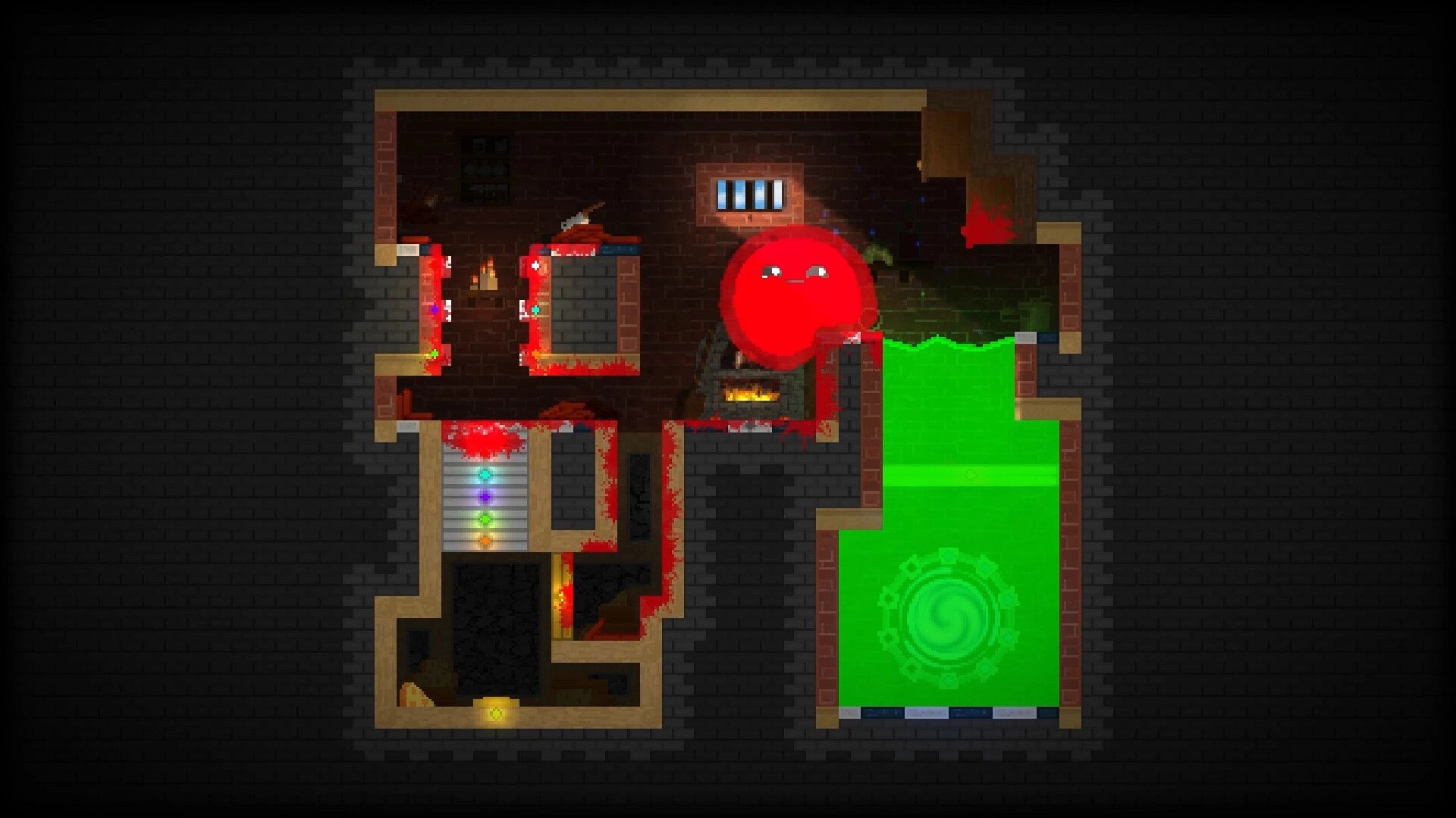 The Melty Way: Red slime squeezes past a furnace into a green acid pool in brick tunnels