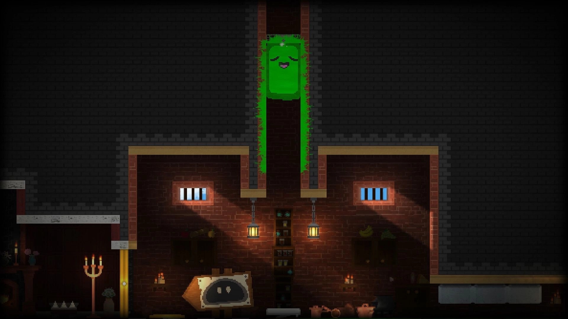 The Melty Way: Green slime stretched in a vertical shaft above a brick room with lanterns and windows
