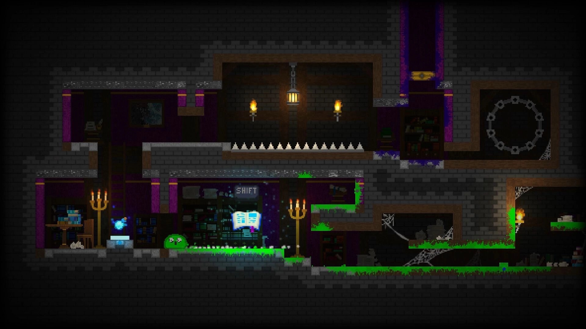 The Melty Way: green slime by a glowing book prompt in a torchlit stone dungeon with spikes