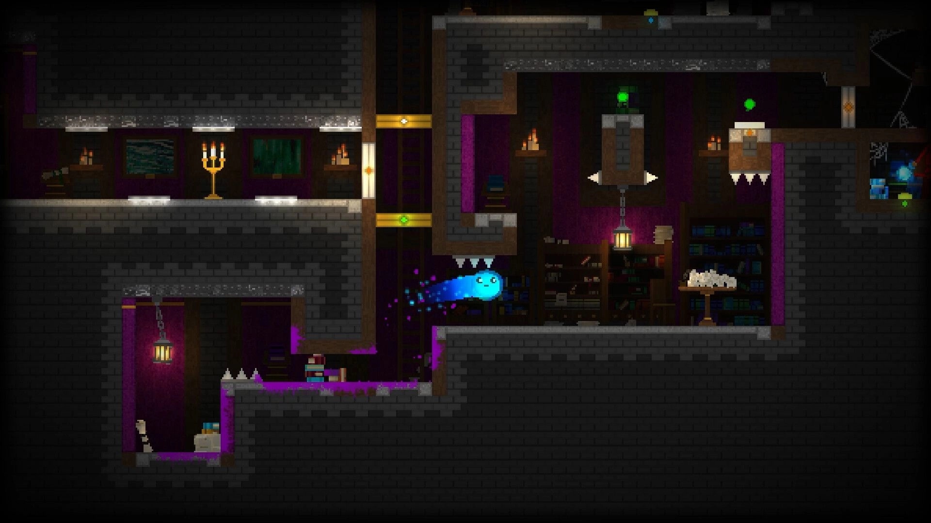 The Melty Way: Blue slime dashes past spikes and moving blocks in a dim castle library corridor