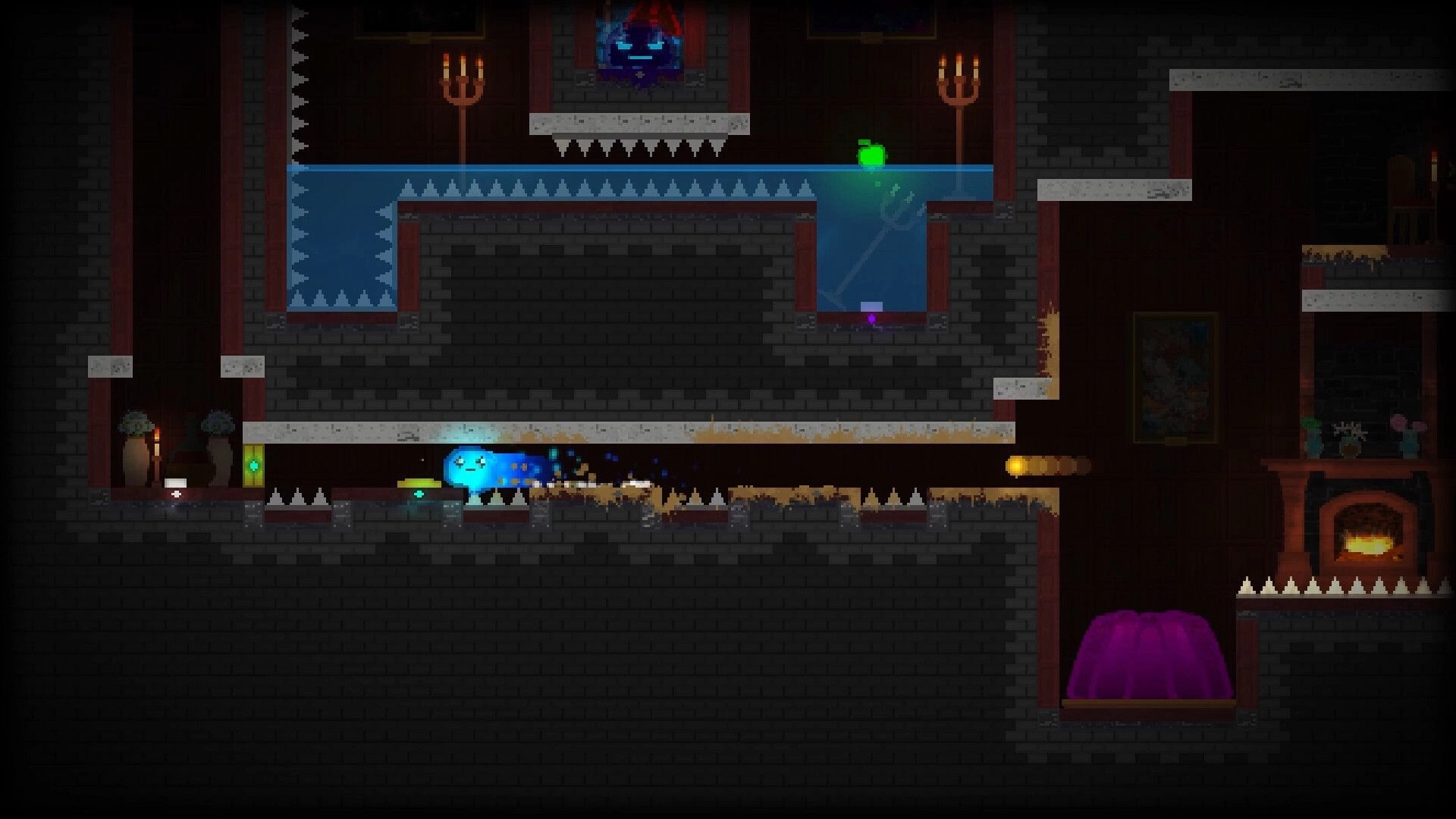 The Melty Way: Blue slime dashes past floor spikes and slime trail in a dim brick castle room