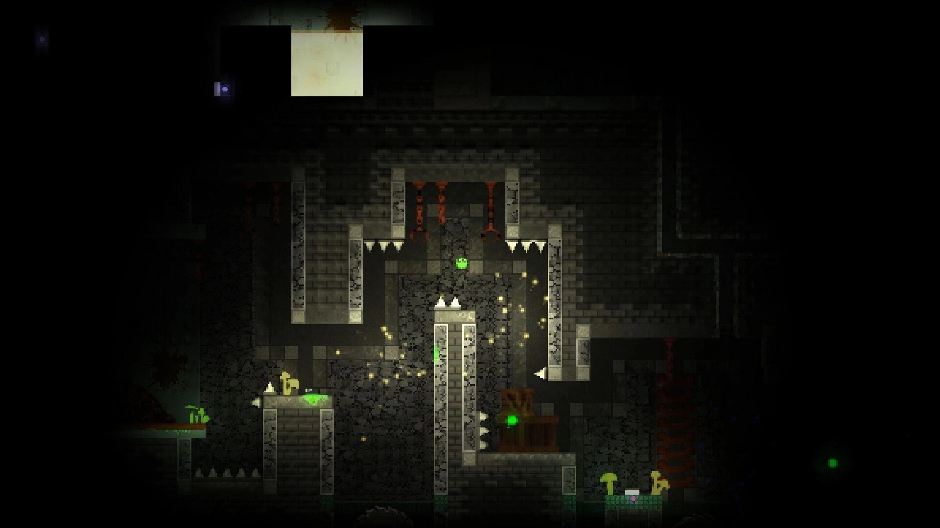 The Melty Way: green slime mid-jump between spikes and narrow ledges in a dark brick dungeon chamber