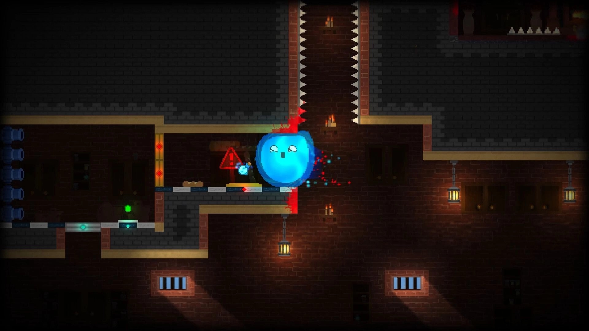 The Melty Way: Blue slime dashes past a red warning sign in a brick dungeon corridor with spikes above