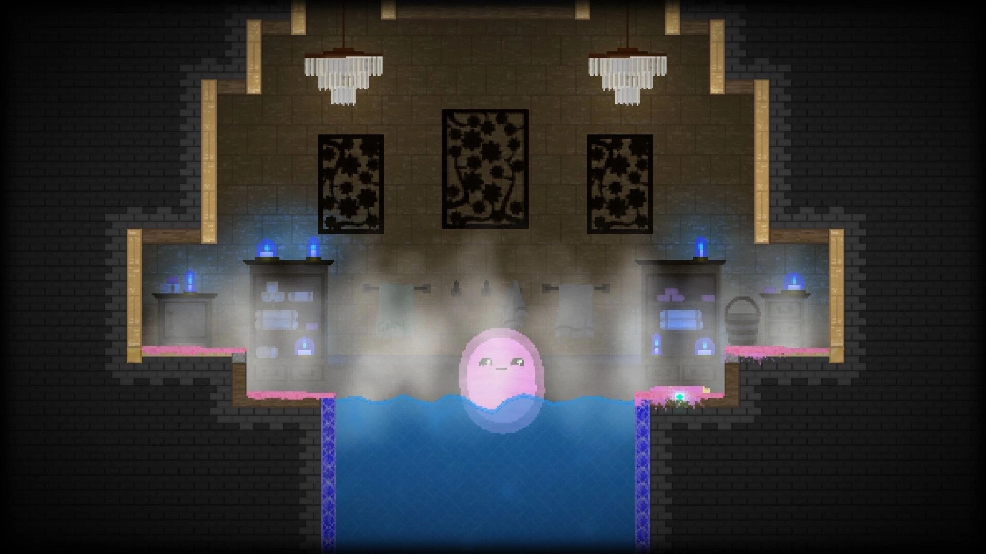 The Melty Way: Pink slime floats in a water pool inside a dim lab with shelves and chandeliers