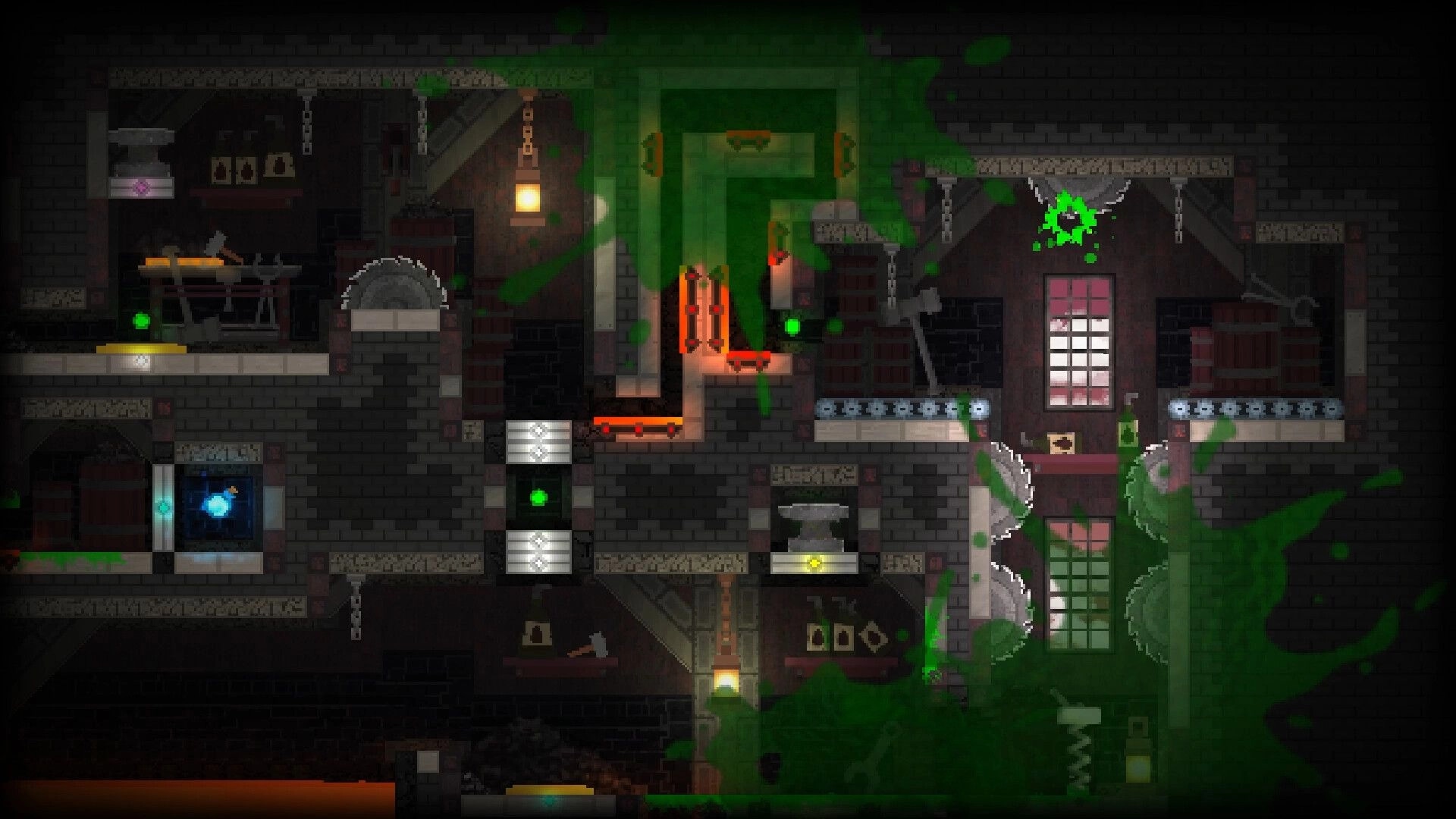 The Melty Way: Green slime splashes past saw blades and spikes in a dark brick factory maze